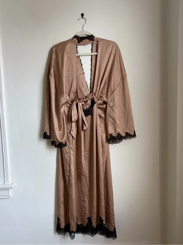 Victoria’s Secret Satin & Rose Lace Open-Back Long Robe Tan - Image 3
