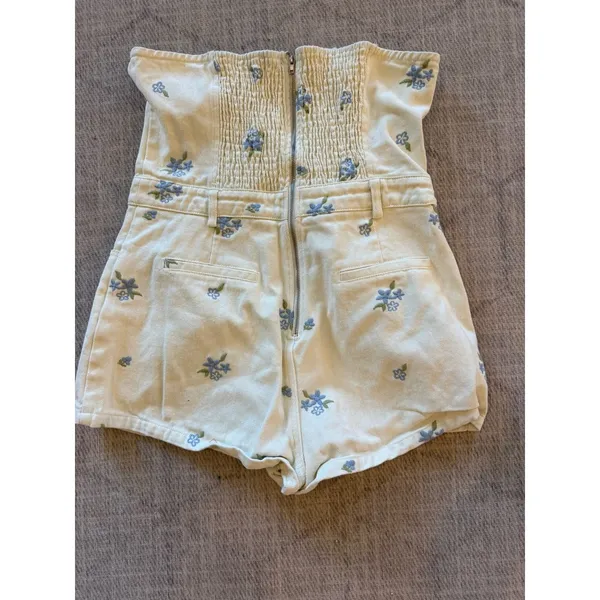Le Lis Cream Floral Embroidered Smocked Strapless Romper Large - Image 3