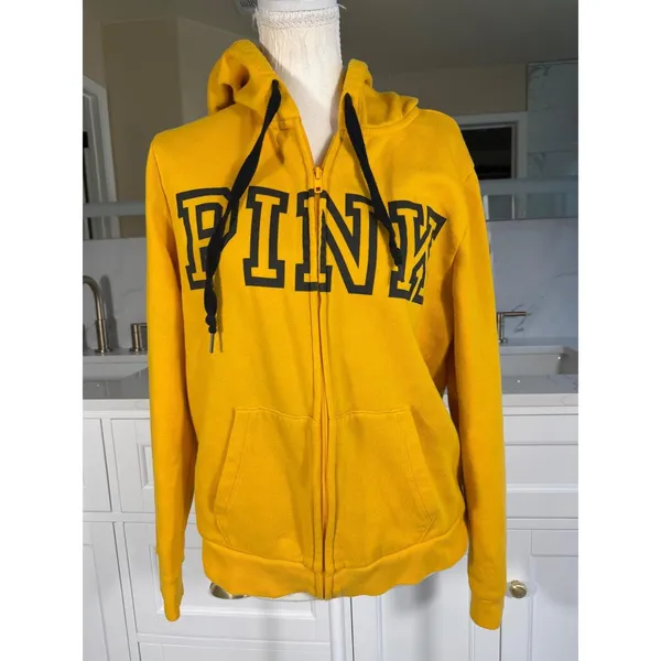 PINK Victoria's Secret Hoodie Women Large Yellow Full Zip Logo Sweatshirt - Image 3