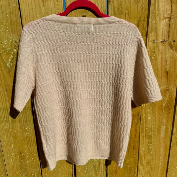 Magaschoni 100% Cashmere Short‎ Sleeve Sweater Cable Knit Beige Tan Womens S M - Image 11