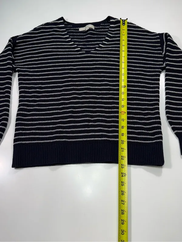 LOFT 100% Cotton Navy and White Striped V-Neck Pullover - Image 3