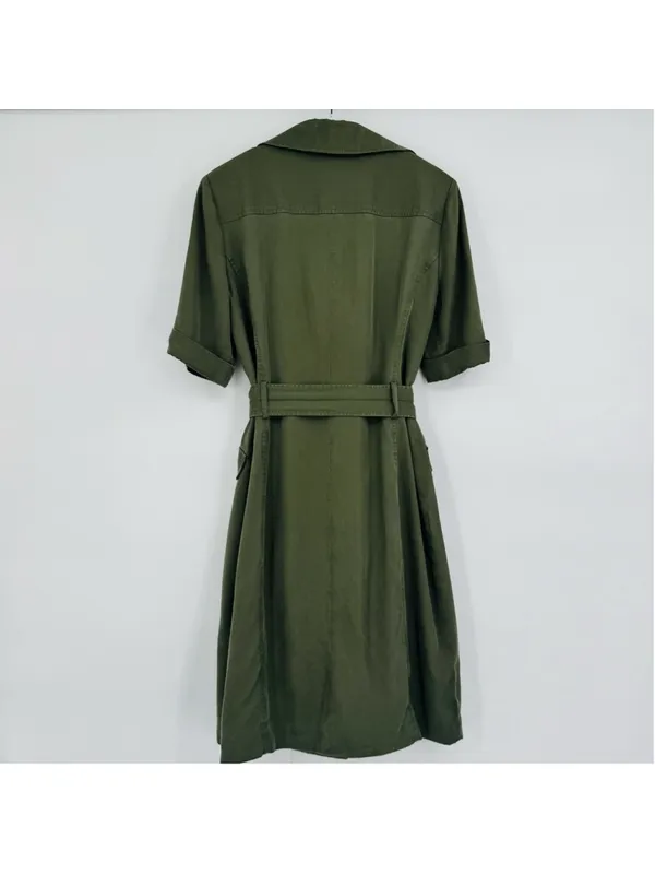 Tahari Olive Midi Shirt Dress Size 6 Military Inspired - Image 3