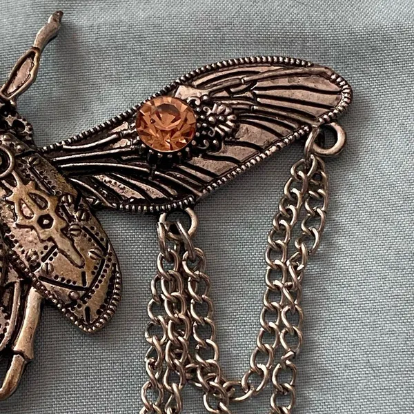 22” Necklace Silver Tone Beetle Pendant 4.5”W Stones Steampunk Goth Gothic - Image 4