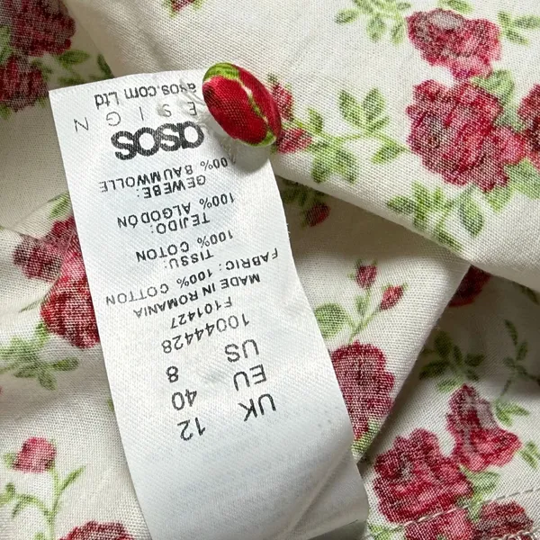ASOS Design Floral Puff Sleeve Babydoll Mini Dress White Red Rose US 8 NEW - Image 8