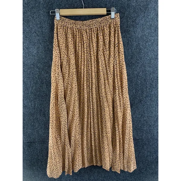 Japna Pleated Midi Skirt Size M Camel Brown Polka Dot Elastic Waist Lined - Image 7