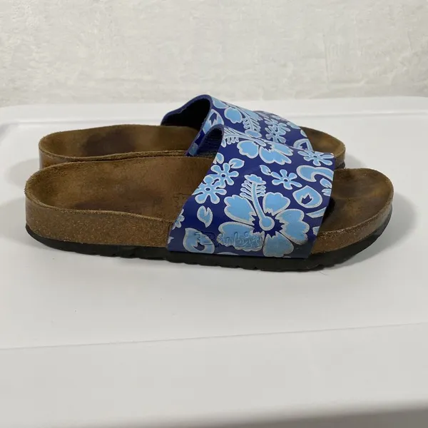 Birkis by Birkenstock Slide Sandals Blue Flower‎ Womens Size 38 Narrow W7 - Image 4