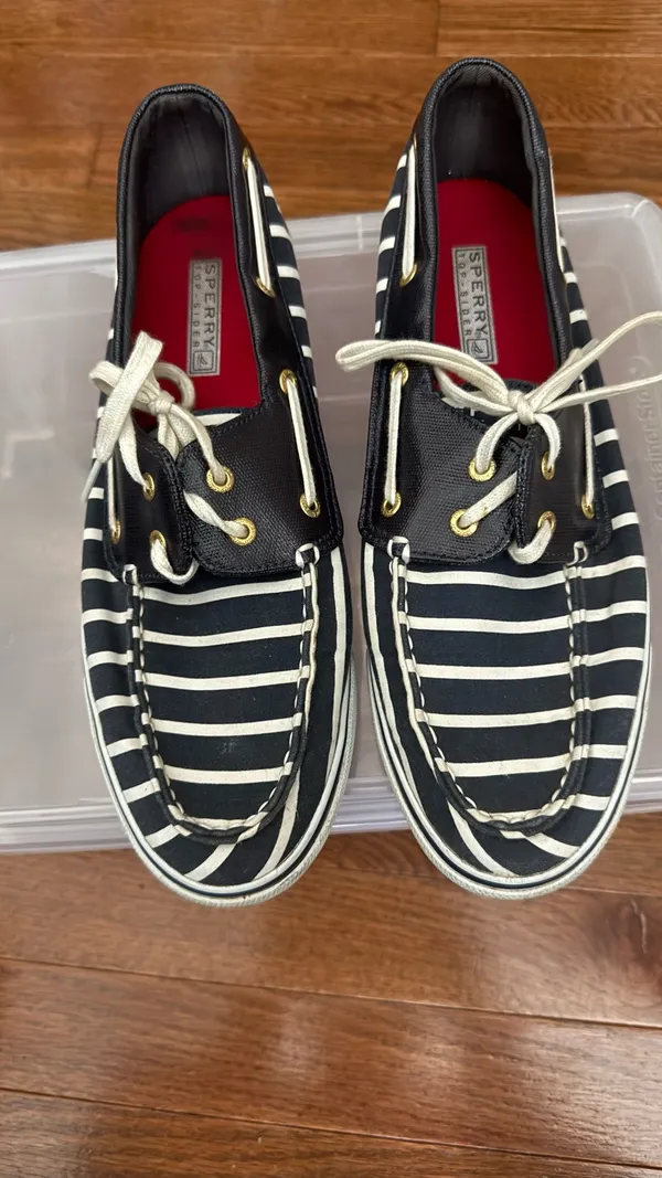 Sperry Black & White Striped Canvas Boat Shoes with Red Insole - Image 16