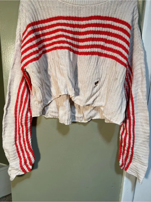 Aerie Women's Size XS Striped Pullover Sweater‎ Cream Red Stripes FLAWED - Image 5