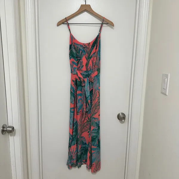 CYNTHIA ROWLEY | Coral Tropical Leaf Print Tie Back Sleeveless‎ Maxi Dress, 2 - Image 3
