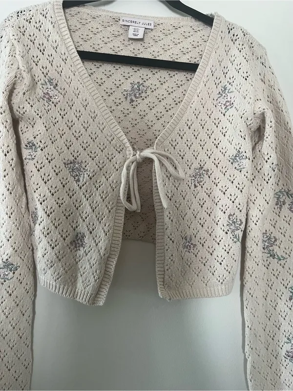Cream Blue Floral Knit Tie Front Crochet Cardigan Small Cottagecore Feminine - Image 3
