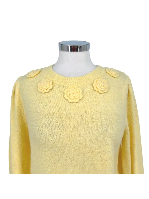 Joie Floral Embellished Puff Sleeve Sweater Cottagecore Coquette Yellow Small - Image 2