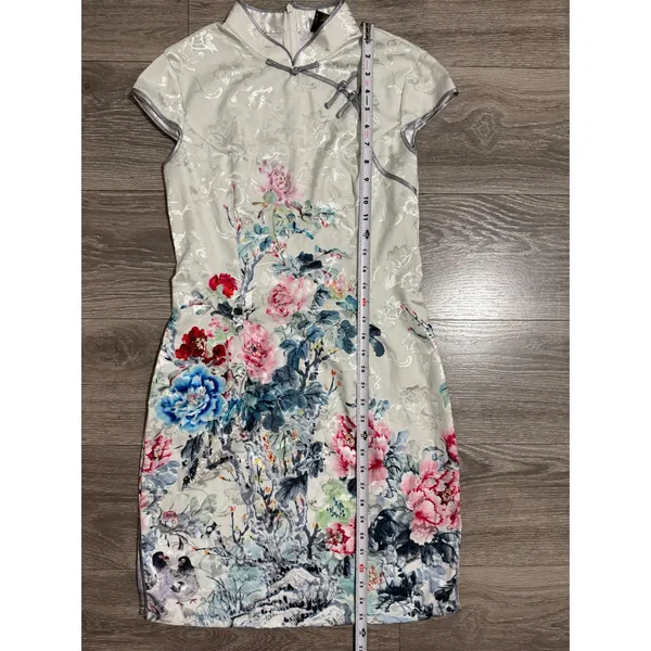 Jin He White Floral Satin Qipao Cheongsam Dress Size S Mandarin Collar Asian - Image 7