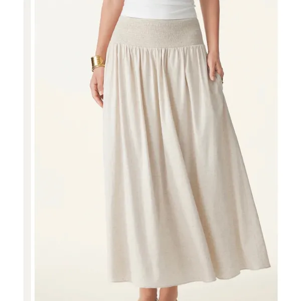 New OGL Women's Size S Ivory Beige European Smocked Waist Skirt With Pockets - Image 4