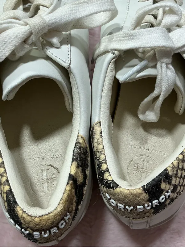 Tory Burch White Leather Sneakers with Black Logo and Snakeskin Trim 159 - Image 5
