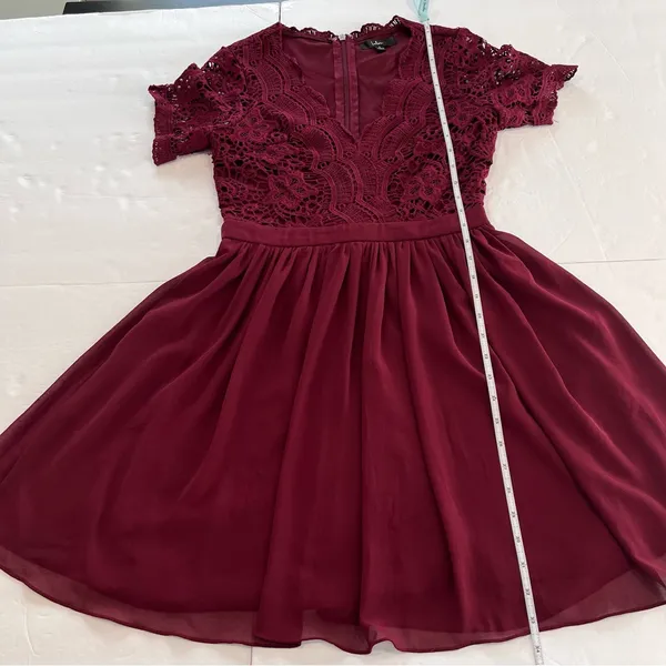 Lulus Angel in Disguise Burgundy Lace Chiffon Flare Skater Dress SMALL‎ - Image 9