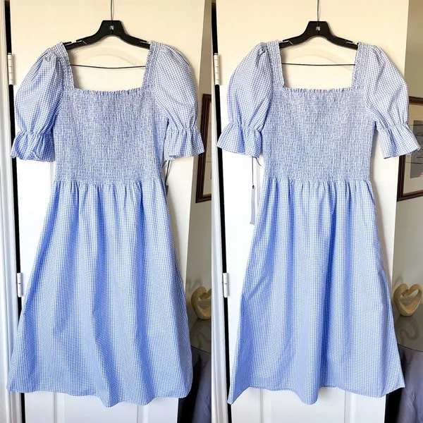 Damaris Bailey Azul Dress Smocked Puff Sleeve Midi Gingham Blue‎ Large NWT - Image 2