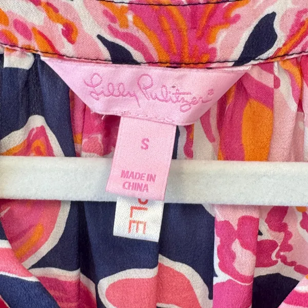 Lilly Pulitzer‎ Silk Floral Orchid Print Blouse Navy Pink Long Sleeve Small Boho - Image 6