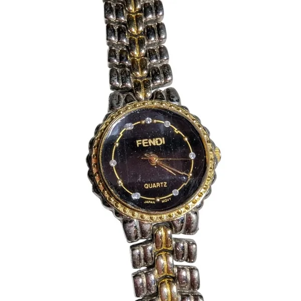 Vtg 1990s Fendi Two Tone Bracelet Faceted Crystal Quartz Watch Not Running - Image 2