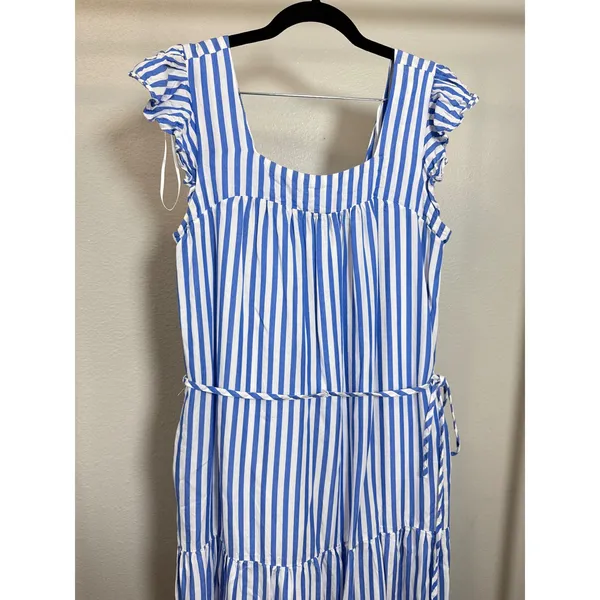 Draper‎ James RSVP Blue White Striped Tiered Midi Dress Ruffle Sleeve Small - Image 5