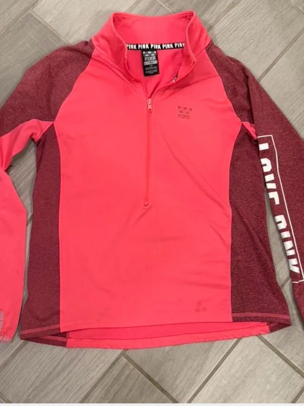 PINK Victoria's Secret Hot Pink & Maroon Half-Zip Pullover - Image 3