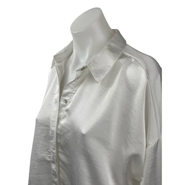 Zara Women's White Silky Satin Collared Long Sleeve Button Down Shirt Top Size M - Image 2