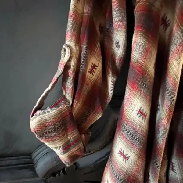 En Creme southwestern plaid flannel poncho shirt with fringe maroon - Image 3