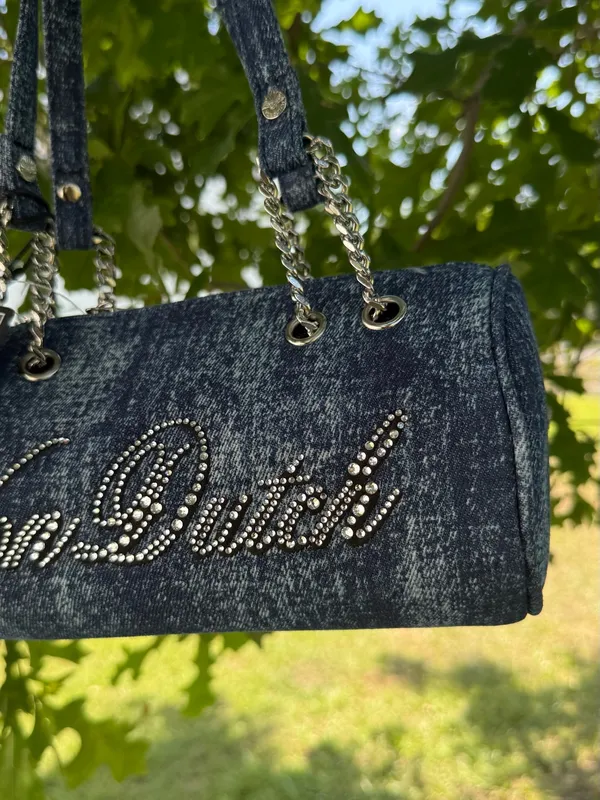 Von Dutch Dark Denim Crystal Logo Barrel Bag with Chain Straps - Image 4