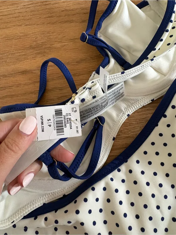Frankie's Bikinis Victoria's Secret White Polka Dot Bikini with Navy Trim - Image 3