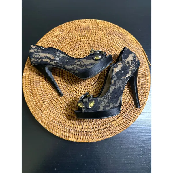 Lulu Townsend Womens Black‎ Lace Crystal Embellished Peep Toe pump size 8 - Image 8