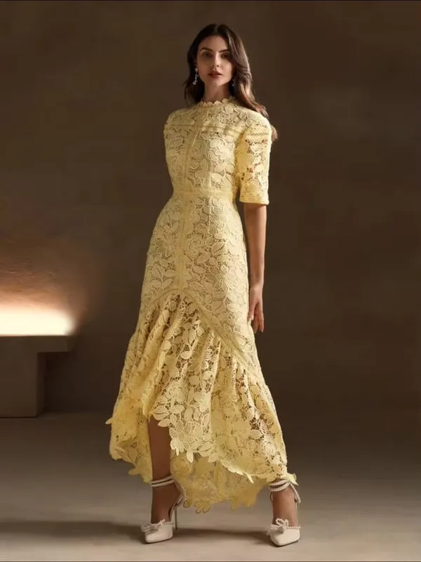 Anewsta NWT Yellow Floral Lace Short Sleeve Mermaid Maxi Dress Small - Image 11