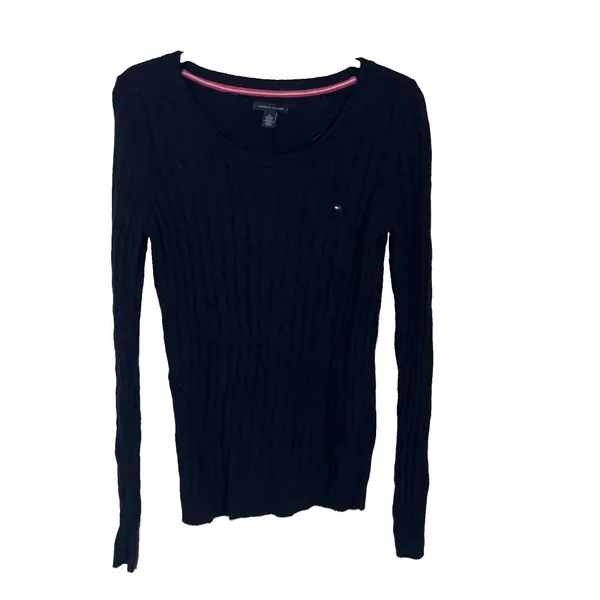 Tommy Hilfiger Wmns Long-Sleeve Cable Knit Sweater Round Neck Navy Blue XS - Image 2