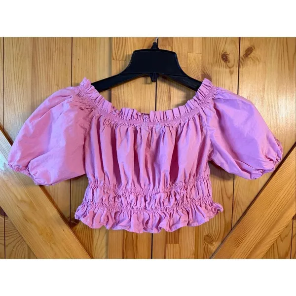Zara Poplin Pink Off The Shoulder Puff Sleeve Crop Top Shirt Size Small (7136) - Image 4