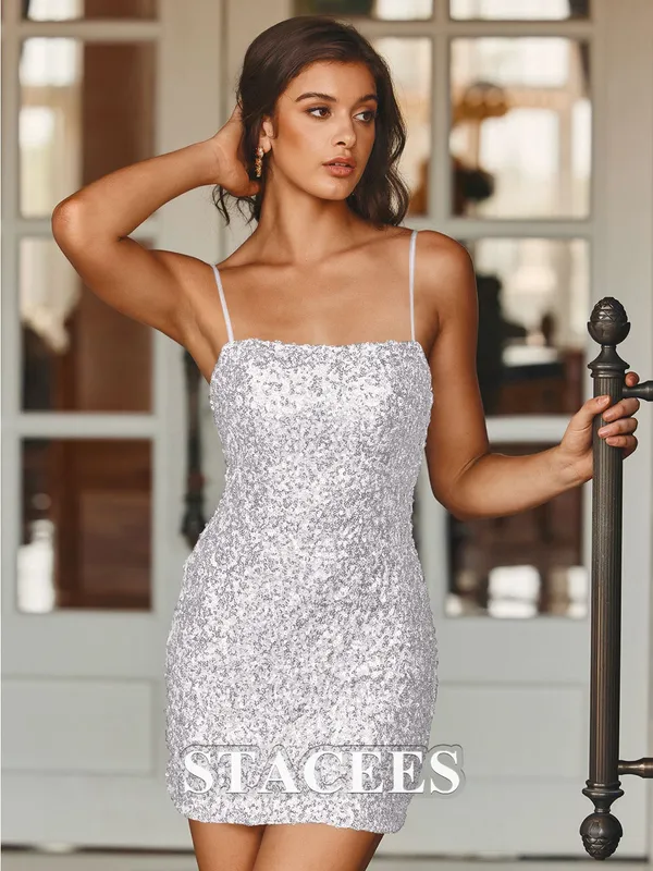 NWT Stacees‎ Sheath Column Square Neckline Sequined Mini Homecoming Dress White - Image 3