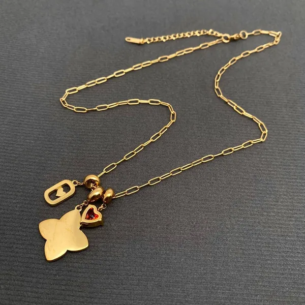 18K Gold Romance Red Heart Pendant Butterfly Flower Charms Necklace Removable charms - Image 2
