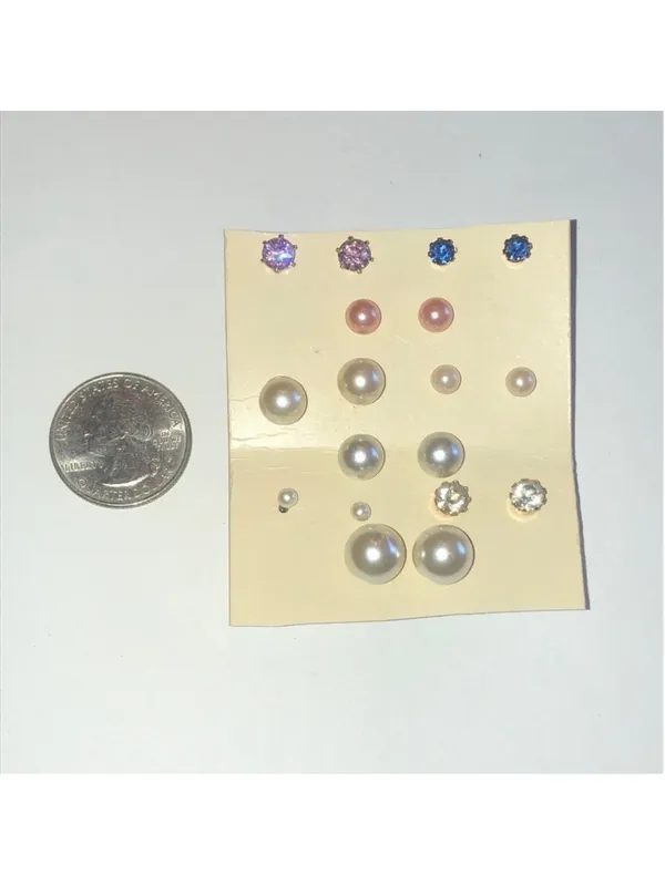 9 Pair Lot CZ Rhinestone & Faux Pearl Pierced Stud Earrings - Image 4