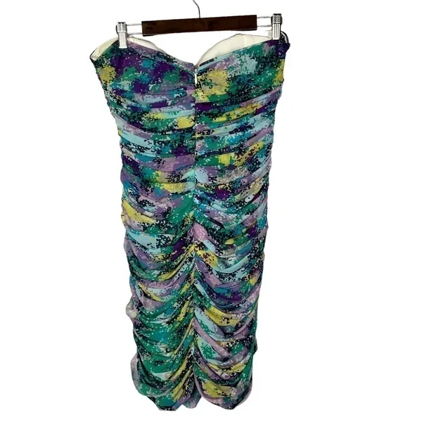 BCBGMaxAzria Blue & Purple Printed Ruched Mini Dress L‎ - Image 3