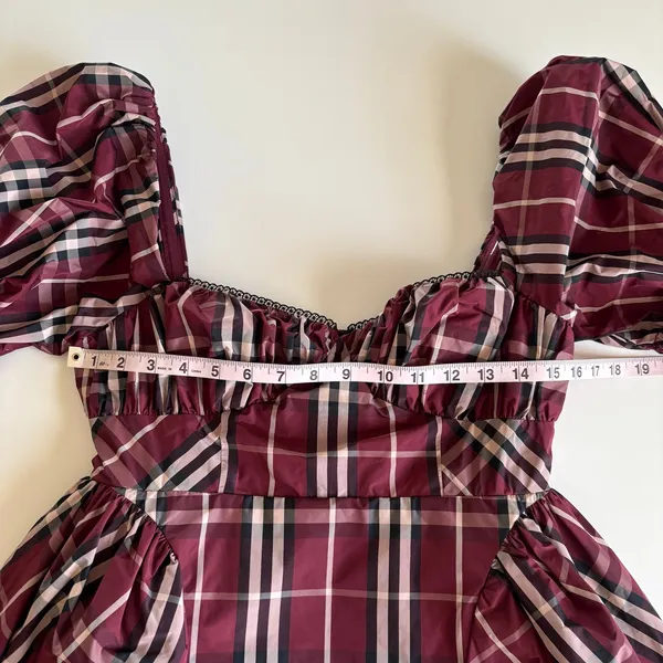 Anthropologie Maeve Burgundy Tartan Plaid Puff Sleeve Mini Dress Women’s Small - Image 5
