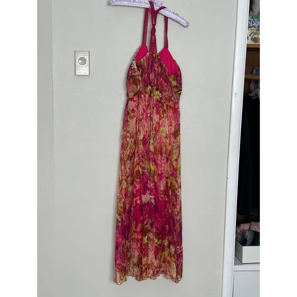 Gorgeous NWT XL Silk Rhinestone Pink Green Maxi Dress Formal Wedding Guest Y2K - Image 6