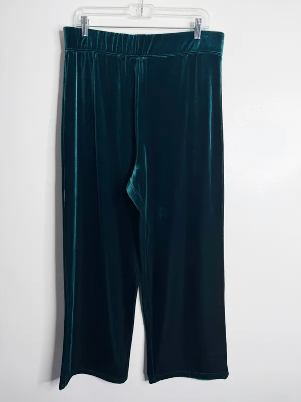 Susan Graver Green Velvet Pull On Wide Leg Pants‎ Large Effortless Minimalist - Image 2