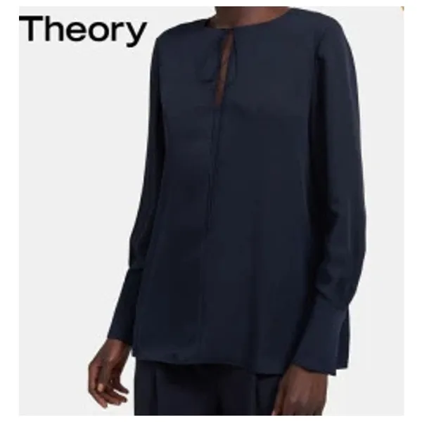 Theory Silk MED Navy Blue Keyhole Tie Front Cuffed Sleeve Blouse Tunic Minimal - Image 2