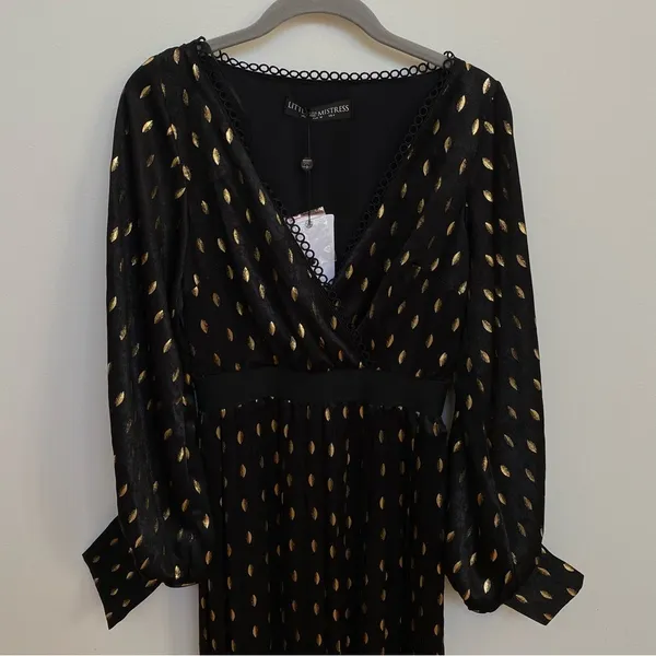 Little‎ Mistress Black & Gold Foil Leaf Pleated Maxi Dress UK 8 US 4 NWT - Image 9