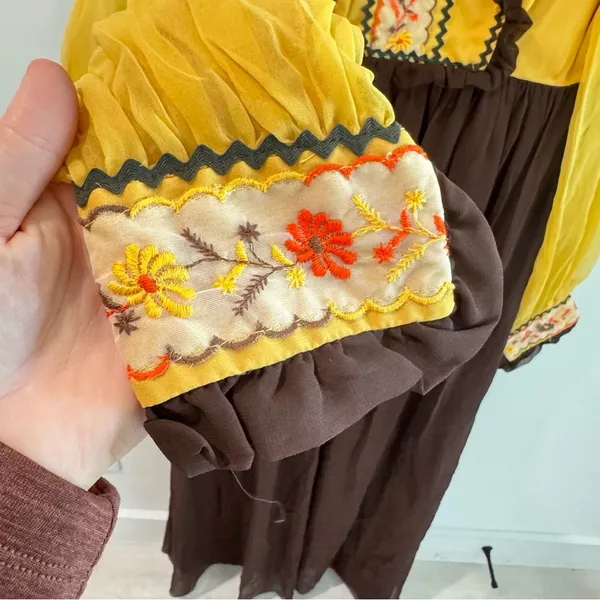 Vintage‎ Late 1960s Early 1970s Embroidered Bohemian Prairie Dress Brown Mustard - Image 3