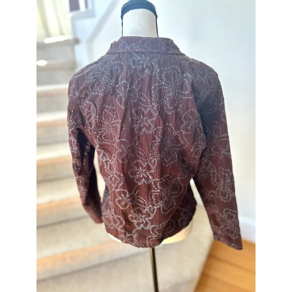FLAX Brown Corduroy & Blue Floral Embroidery Button Up Jacket - Image 4
