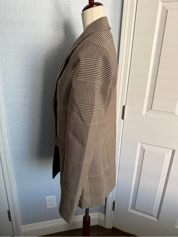 SER.O.YA Brown Plaid Blazer L Tailored Glen Check Quiet Luxury Jacket - Image 3