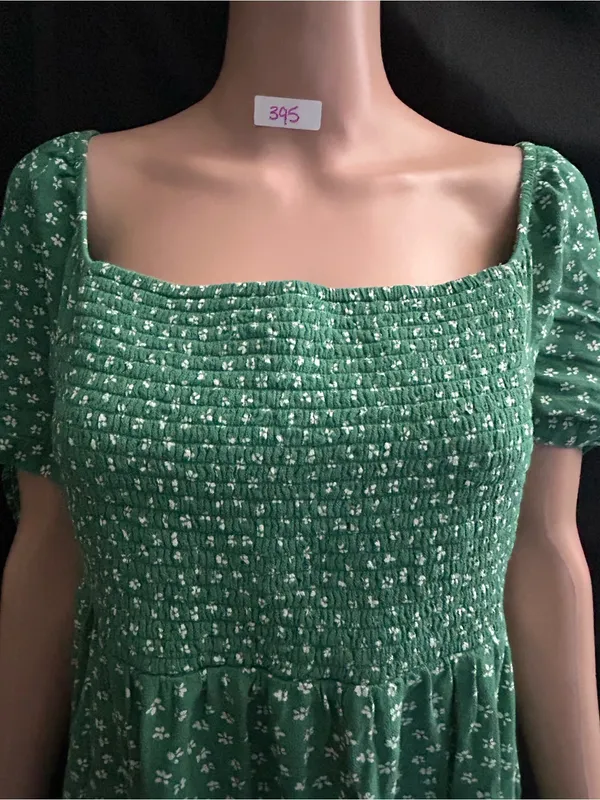 American Eagle Green & White Floral Smocked Square-Neck Mini Dress MD - Image 7
