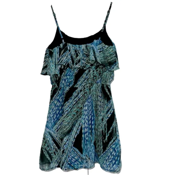 Lila Rose Dress Blue Green Black Print Sleeveless Ruffle Mini Dress Medium - Image 2