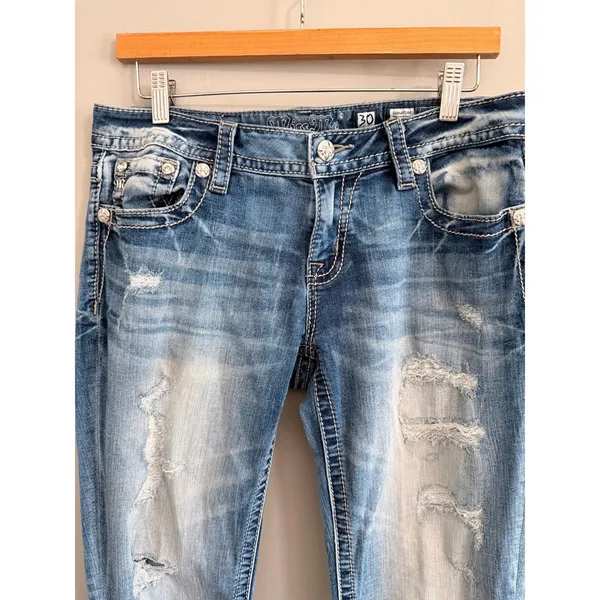 Miss Me Signature Skinny Jeans Womens 30 Blue Distressed Embellished Lace Pocket - Image 3