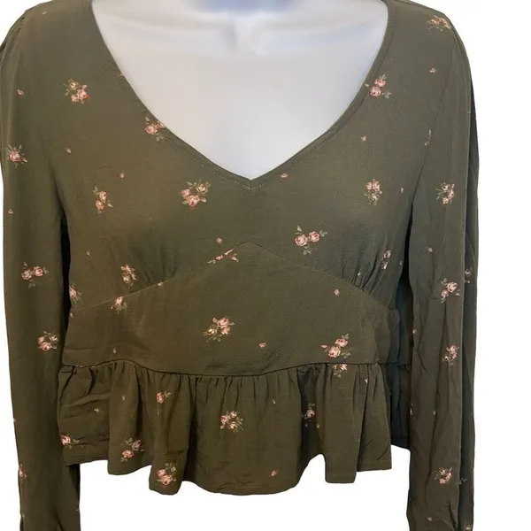 Arizona Jeans Green Pink Floral Peplum Crop Top Long Sleeve‎ Small Boho Y2K 90's - Image 3