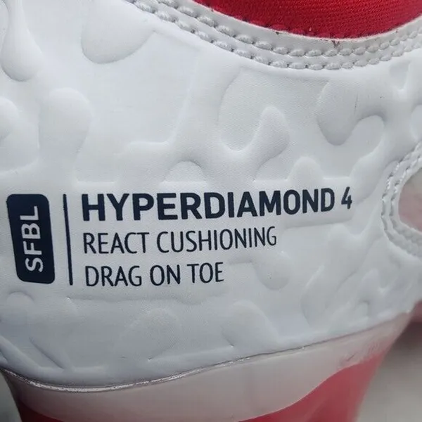 Nike Hyperdiamond React 4 Pro White Red Softball Cleats Sz 5.5 - Image 6
