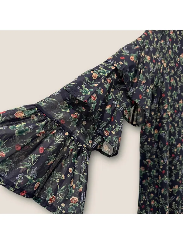 Le Lis Navy Floral Chiffon Ruffle Sleeve Keyhole Mini Dress Large - Image 4